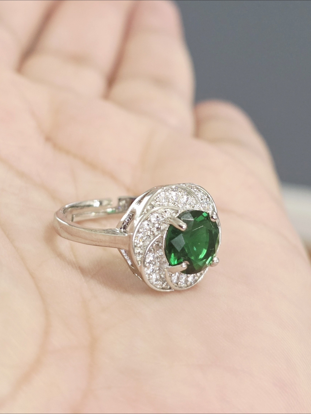 White Gold Plated Ring with Emerald Green Center Stone